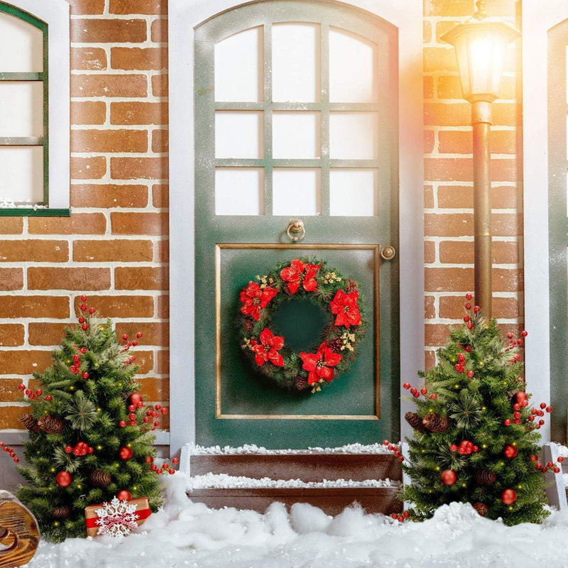 Alcott Hill 2 Set 30 Inch Outdoor Christmas Tree Pre Lit LED Christmas Porch Decorations Outdoor Tree 260 Branch Tips Lush Pine Cones Red Berries And Red Ball Wayfair